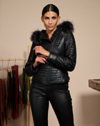 Women's Biker Leather Jacket with Faux Fur Hood - Down Style