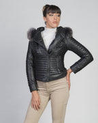 Women's Biker Leather Jacket with Faux Fur Hood - Down Style