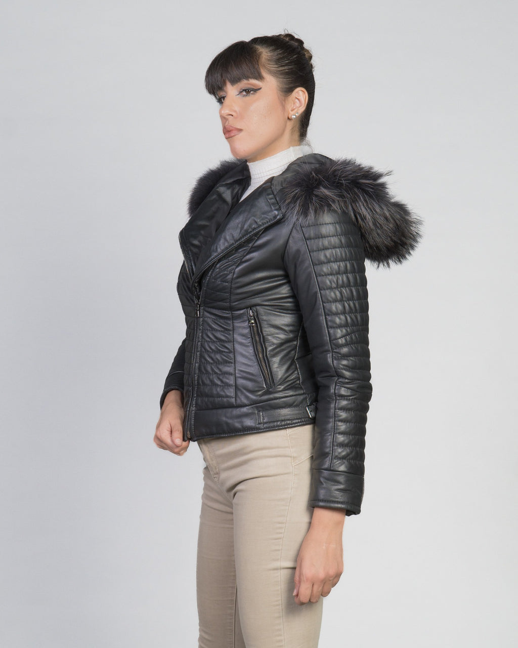 Women's Biker Leather Jacket with Faux Fur Hood - Down Style
