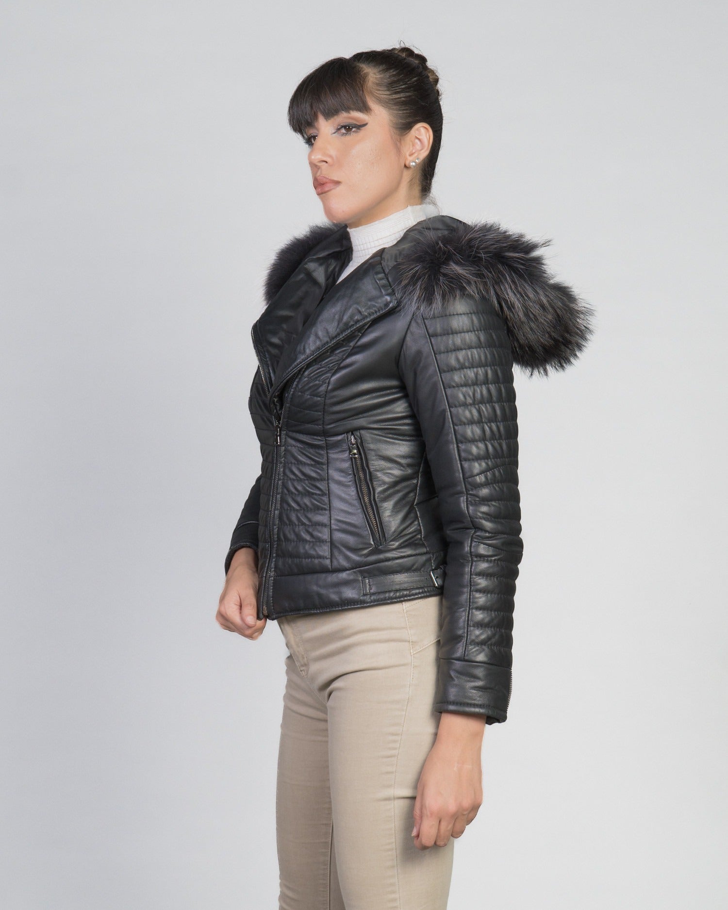 Women's Biker Leather Jacket with Faux Fur Hood - Down Style