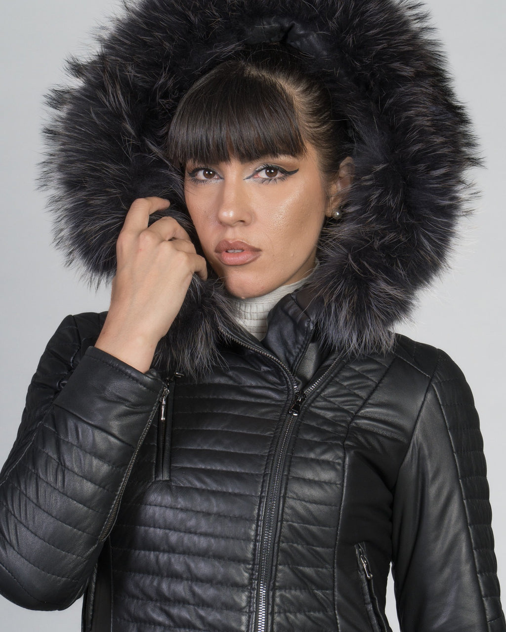 Women's Biker Leather Jacket with Faux Fur Hood - Down Style