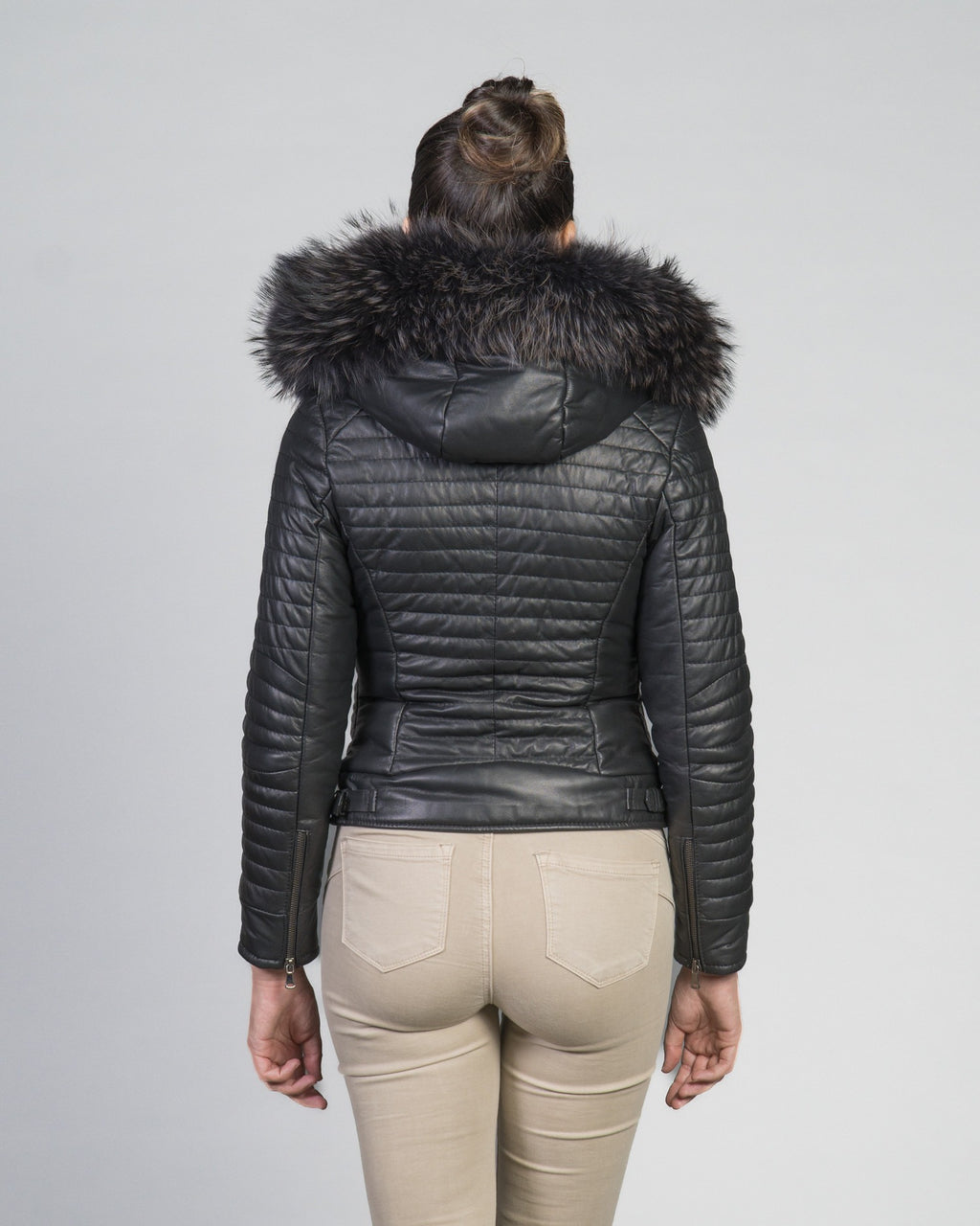Women's Biker Leather Jacket with Faux Fur Hood - Down Style