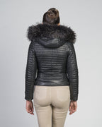 Women's Biker Leather Jacket with Faux Fur Hood - Down Style