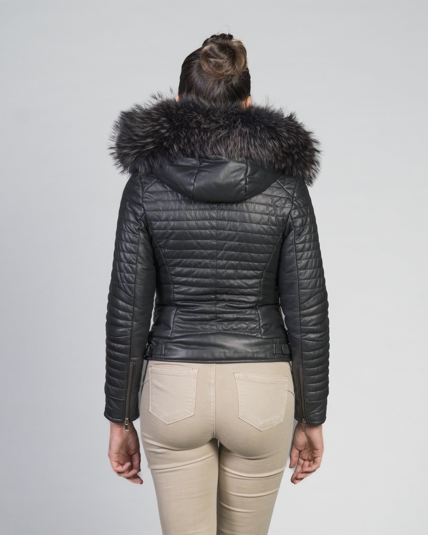 Women's Biker Leather Jacket with Faux Fur Hood - Down Style