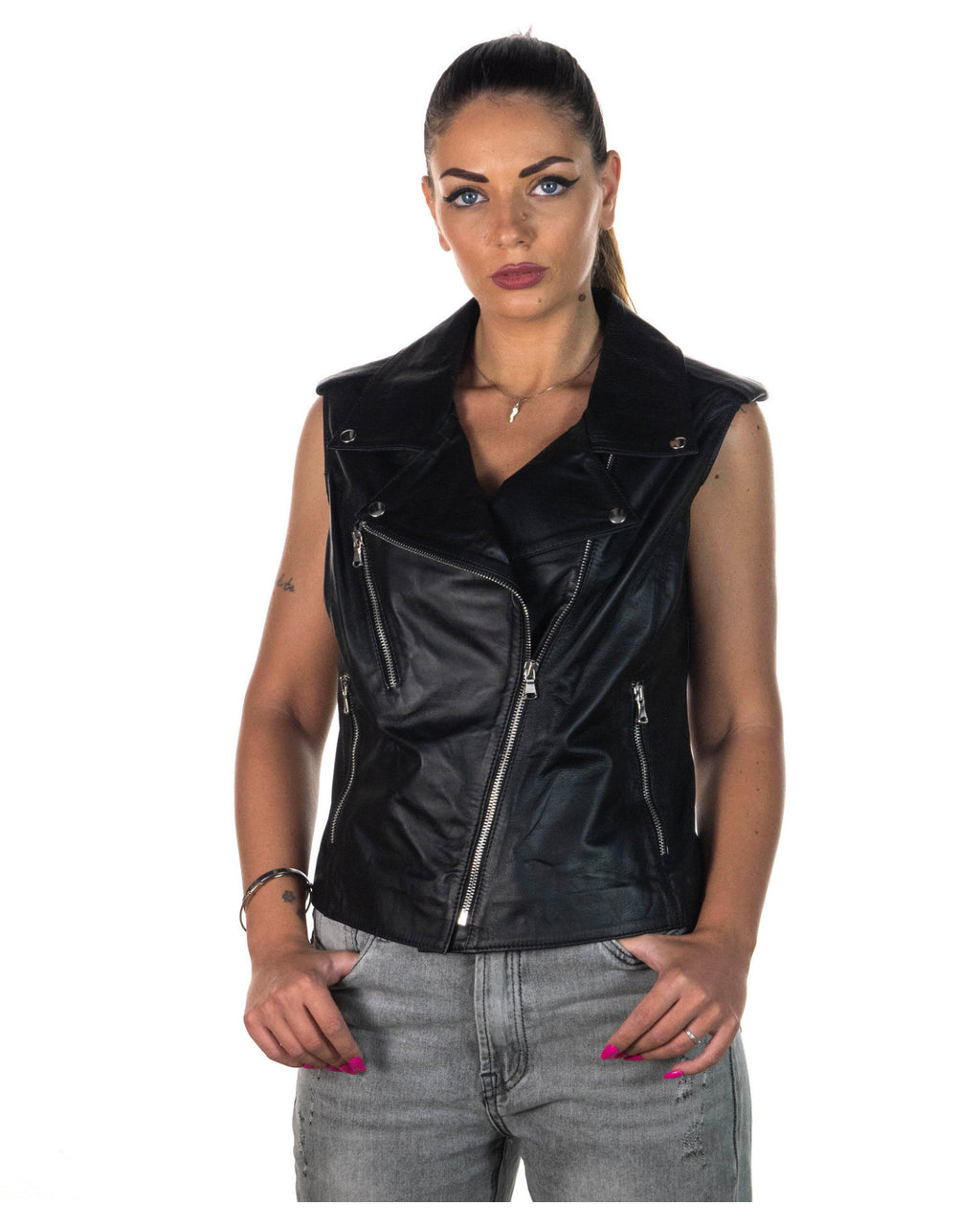 Women's Black Leather Biker Vest