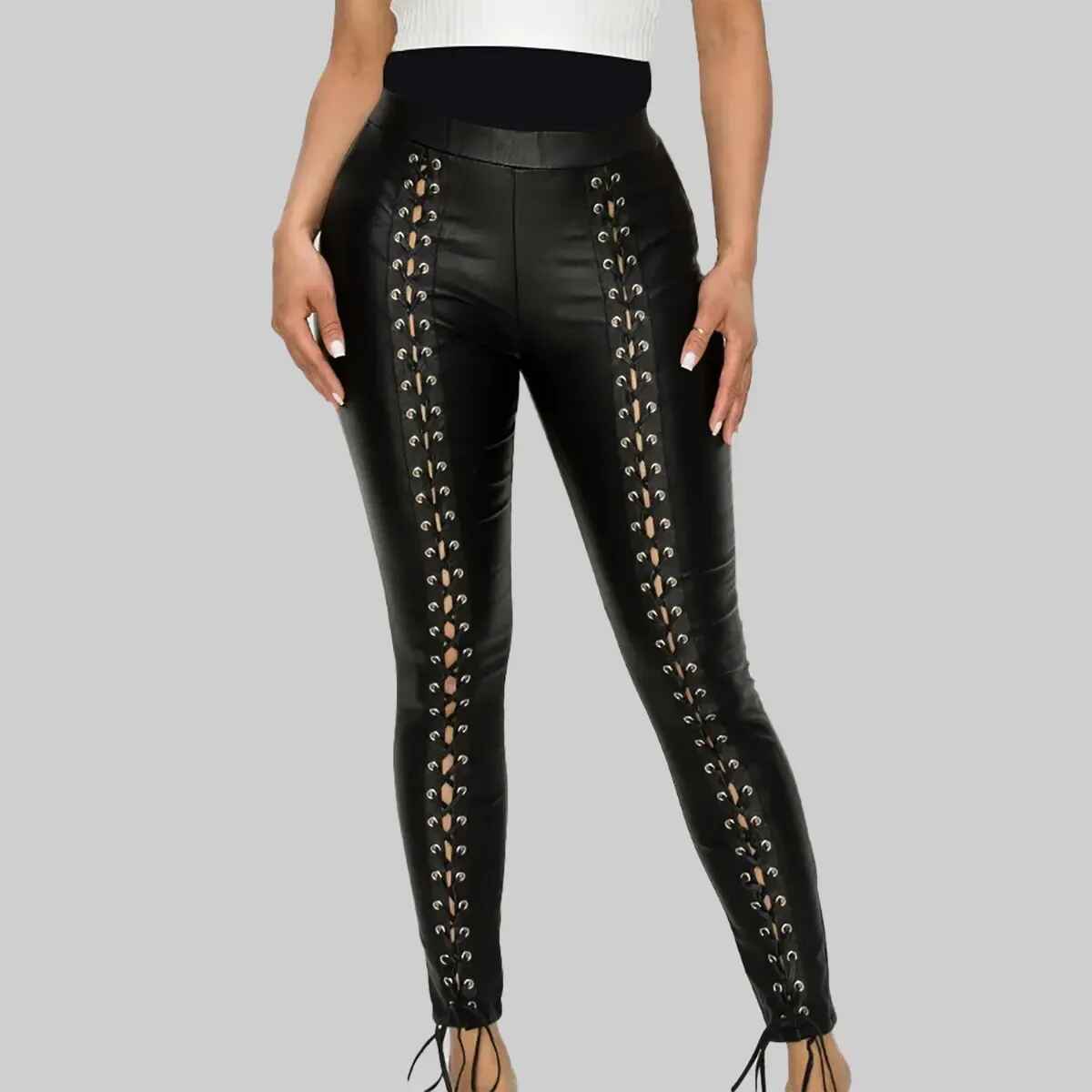 Women's Leather Lace Up Skinny Pants