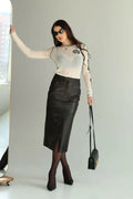 Women’s Black Leather Midi Skirt
