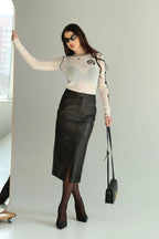 Women’s Black Leather Midi Skirt