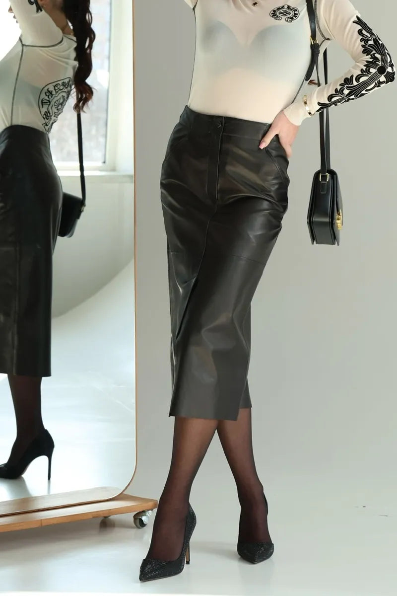 Women’s Black Leather Midi Skirt