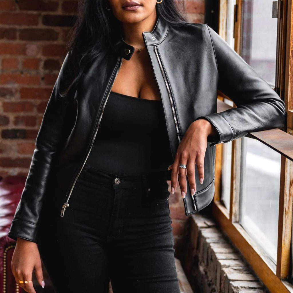 Women's Black Leather Racer Jacket with Banded Collar
