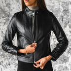 Women's Black Leather Racer Jacket with Banded Collar