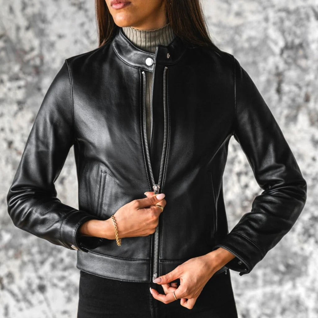 Women's Black Leather Racer Jacket with Banded Collar