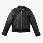Women's Black Leather Racer Jacket with Banded Collar