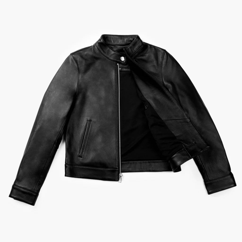 Women's Black Leather Racer Jacket with Banded Collar