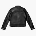 Women's Black Leather Racer Jacket with Banded Collar
