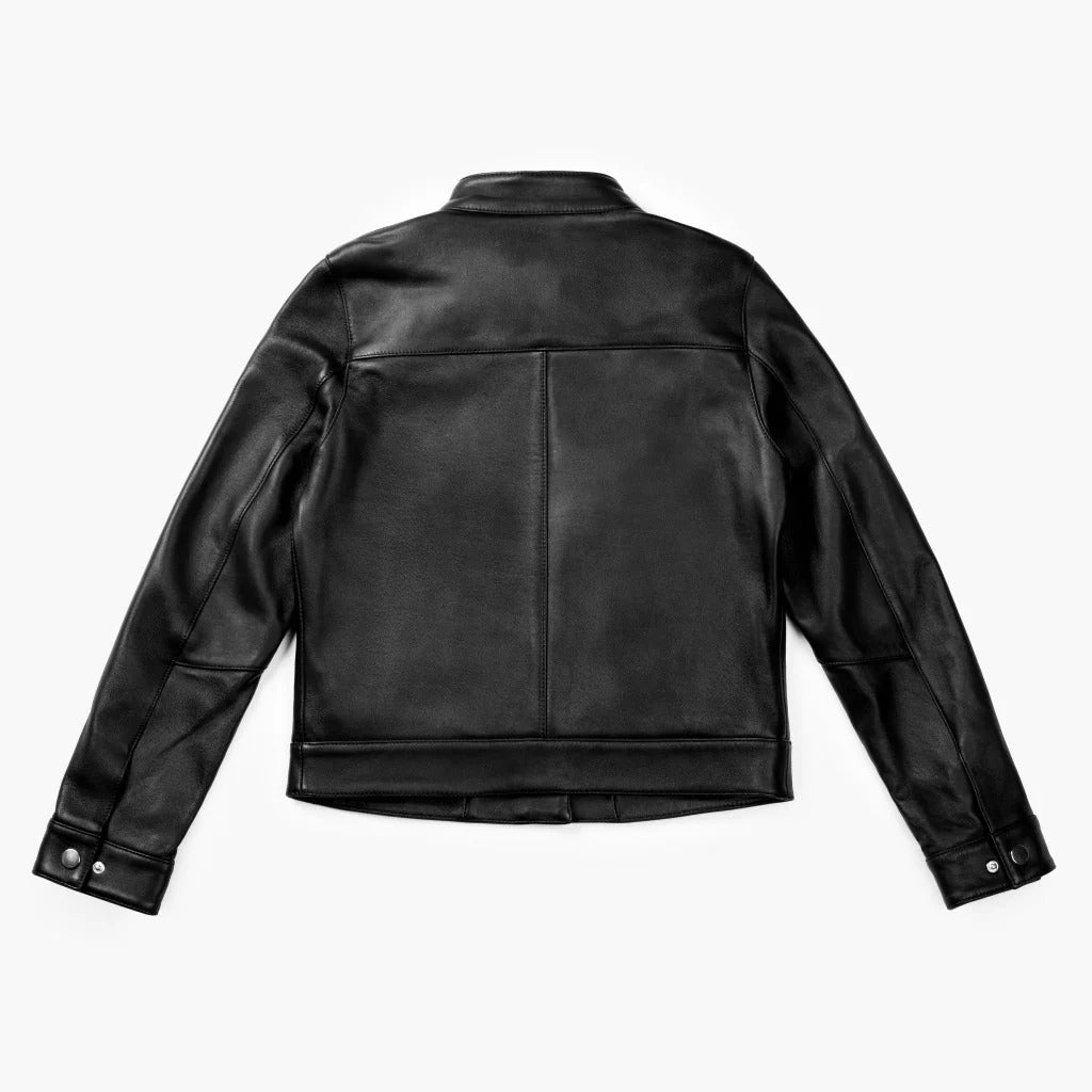 Women's Black Leather Racer Jacket with Banded Collar