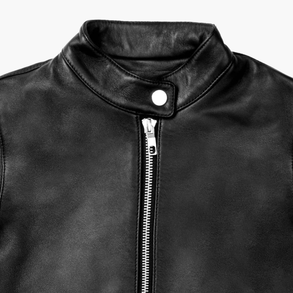 Women's Black Leather Racer Jacket with Banded Collar