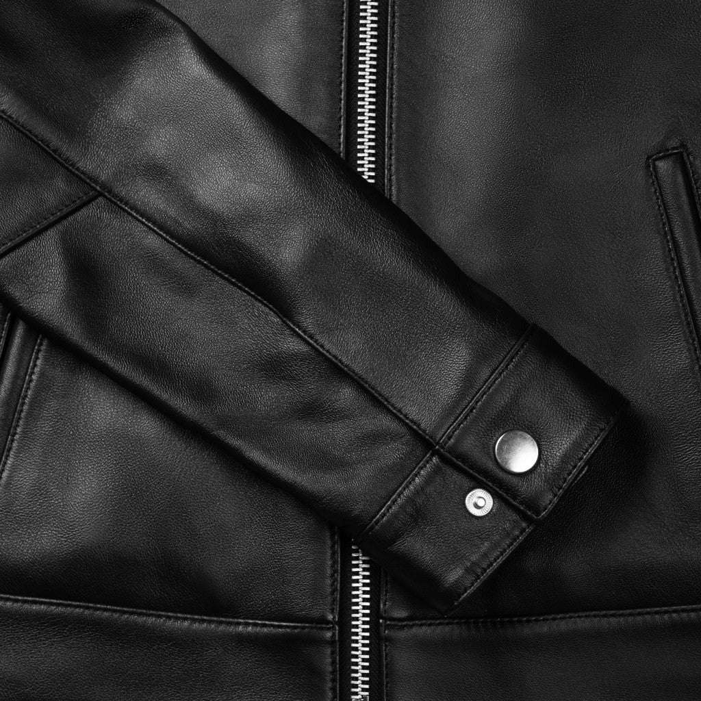 Women's Black Leather Racer Jacket with Banded Collar