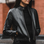 Women's Black Leather Racer Jacket with Banded Collar