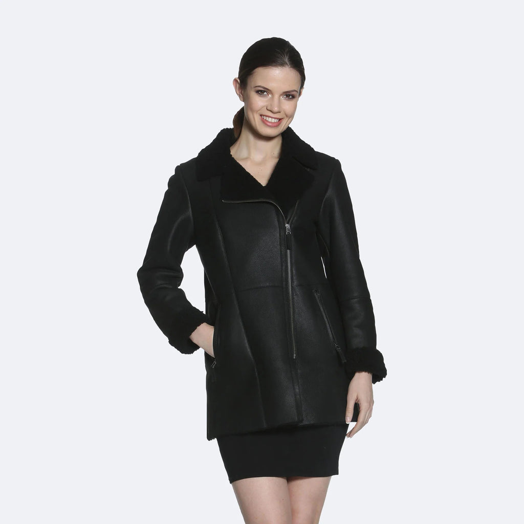 Women's Brown Sheepskin Leather Shearling Coat – Faux-Fur Lining Winter Coat