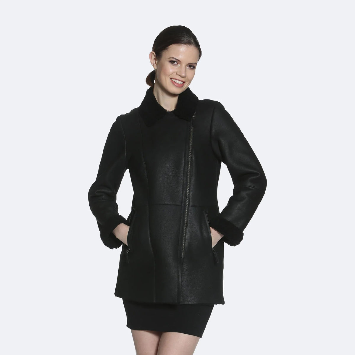 Women's Black Sheepskin Leather Shearling Coat – Faux-Fur Lining Winter Coat
