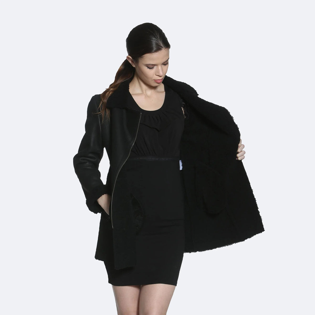 Women's Black Sheepskin Leather Shearling Coat – Faux-Fur Lining Winter Coat