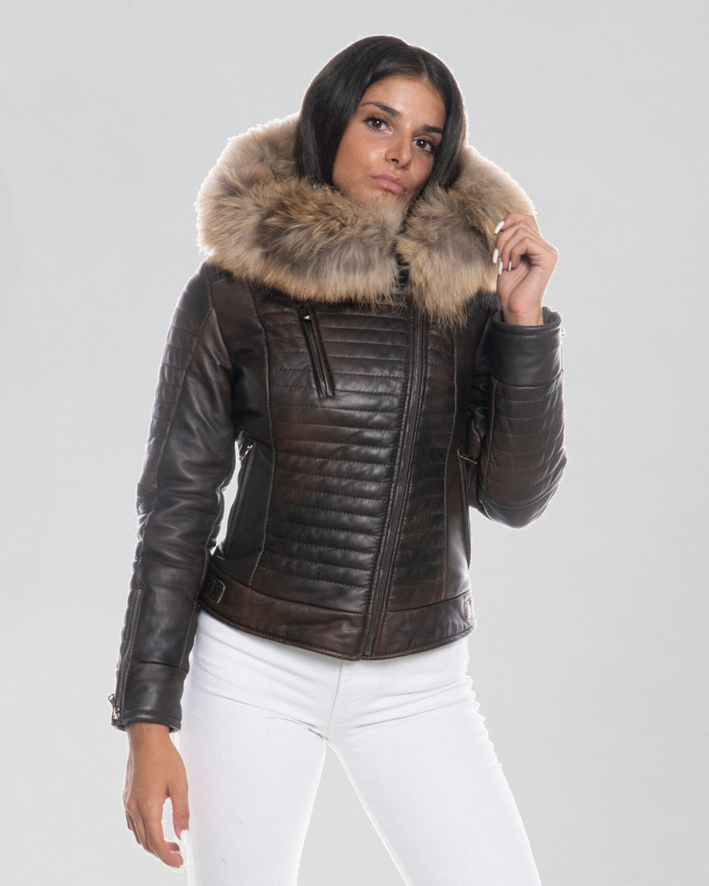 Women's Biker Leather Jacket with Faux Fur Hood - Down Style