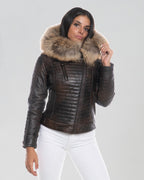 Women's Biker Leather Jacket with Faux Fur Hood - Down Style