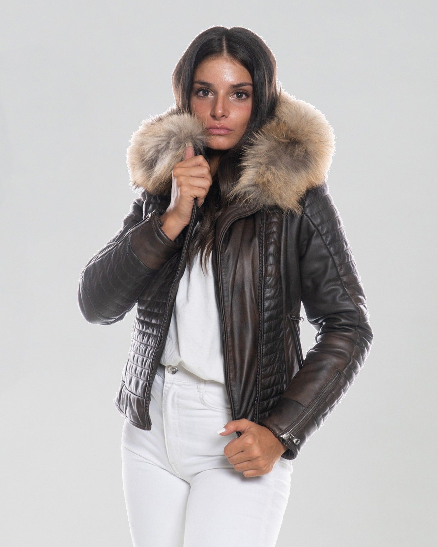 Women's Biker Leather Jacket with Faux Fur Hood - Down Style