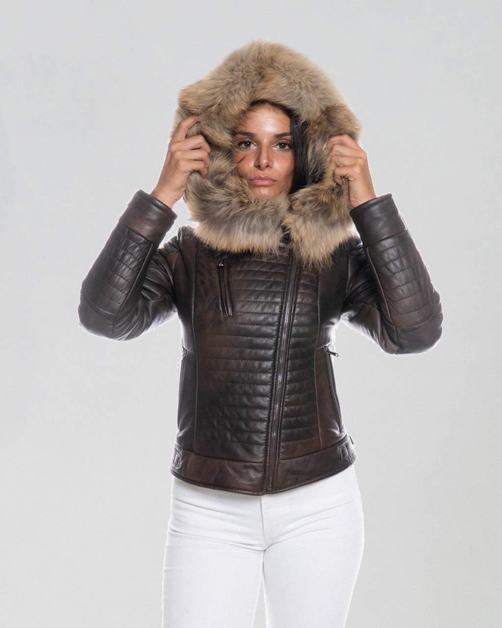 Women's Biker Leather Jacket with Faux Fur Hood - Down Style