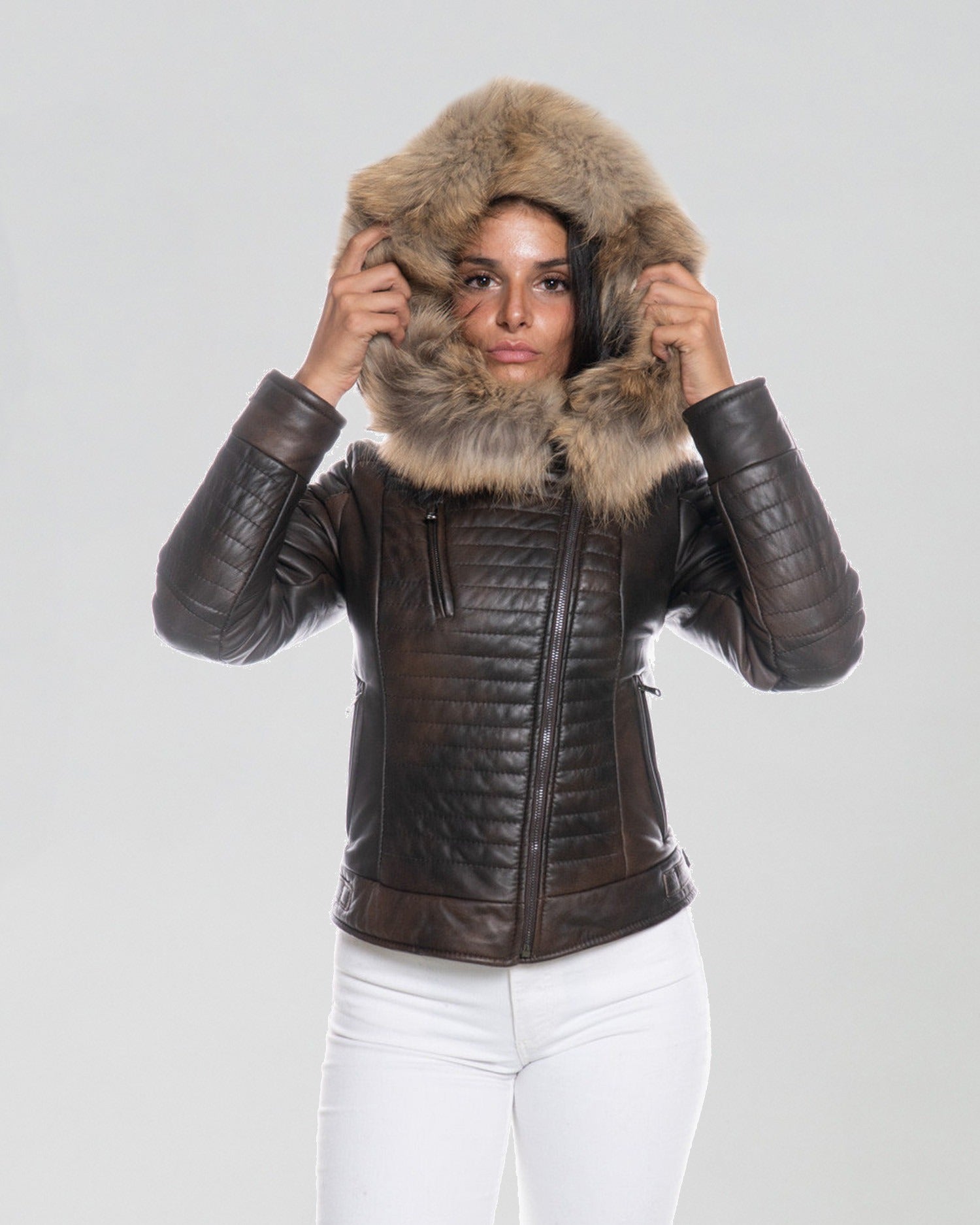 Women's Biker Leather Jacket with Faux Fur Hood - Down Style
