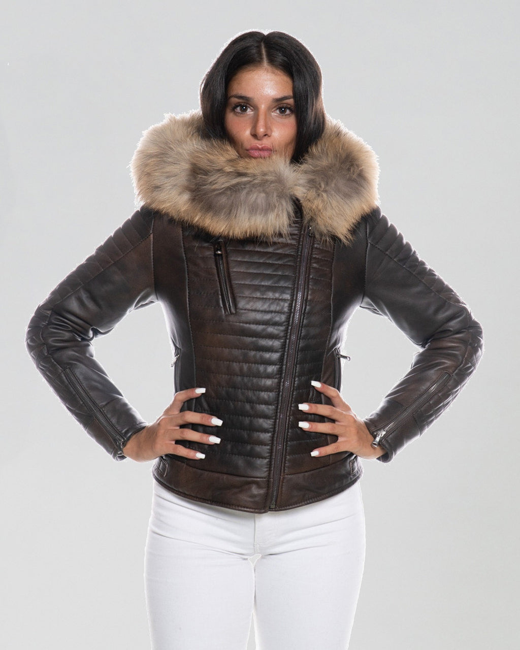 Women's Biker Leather Jacket with Faux Fur Hood - Down Style
