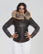 Women's Biker Leather Jacket with Faux Fur Hood - Down Style