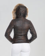 Women's Biker Leather Jacket with Faux Fur Hood - Down Style