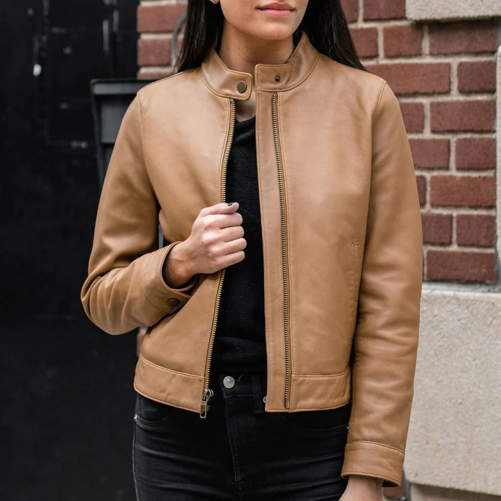 Women's Brown Leather Racer Jacket with Banded Collar
