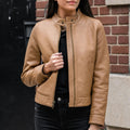 Women's Brown Leather Racer Jacket with Banded Collar