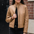 Women's Brown Leather Racer Jacket with Banded Collar