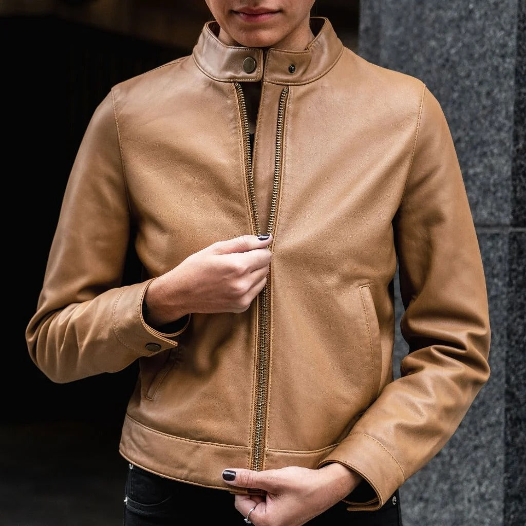 Women's Brown Leather Racer Jacket with Banded Collar