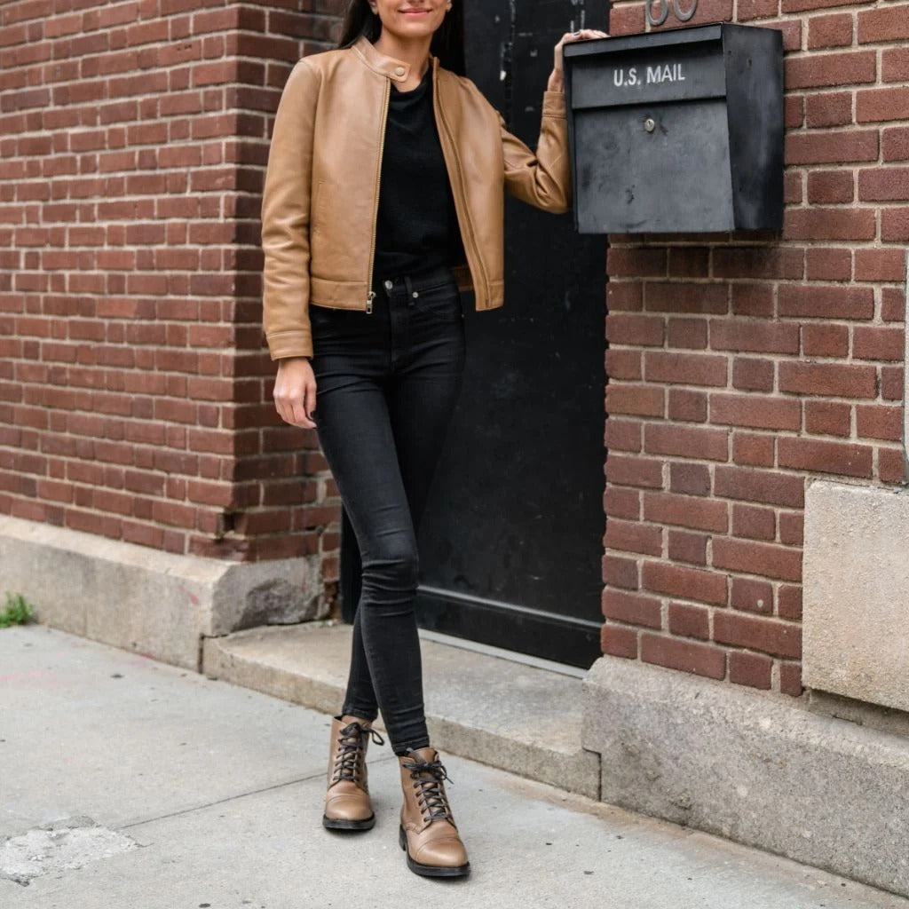 Women's Brown Leather Racer Jacket with Banded Collar