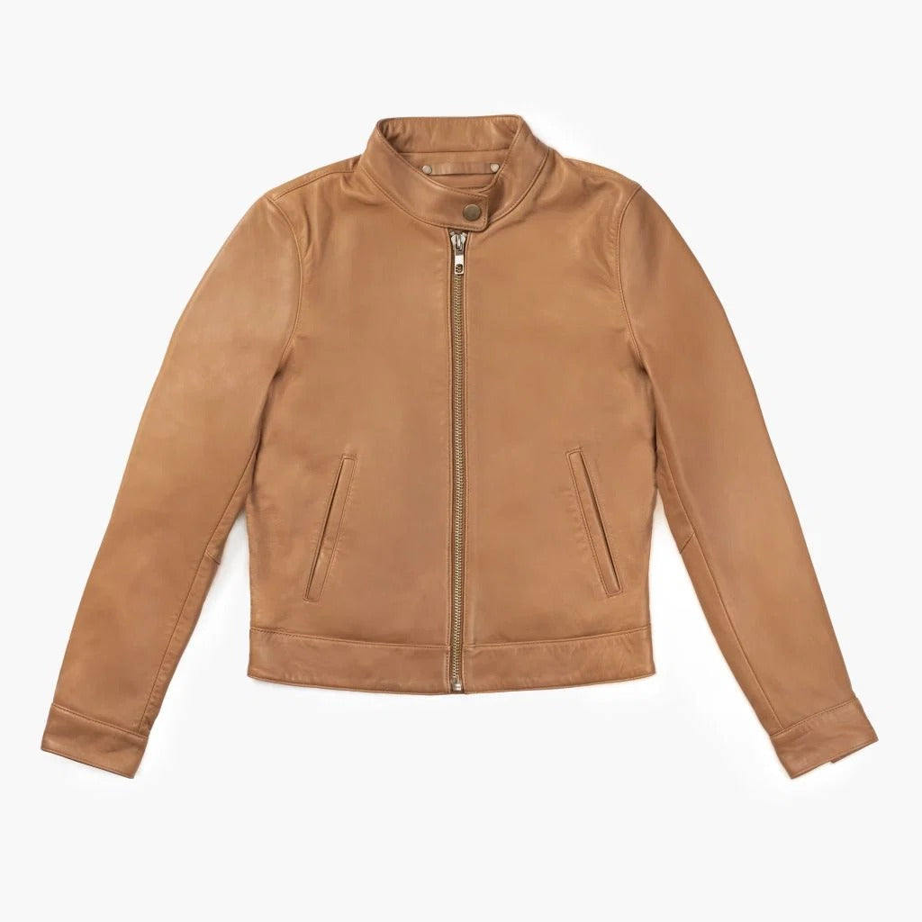 Women's Brown Leather Racer Jacket with Banded Collar