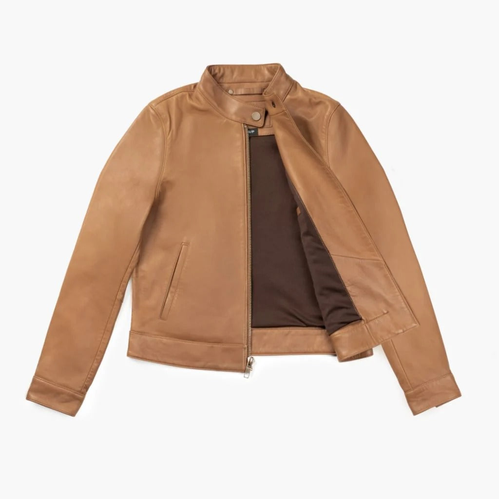 Women's Brown Leather Racer Jacket with Banded Collar