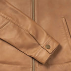 Women's Brown Leather Racer Jacket with Banded Collar