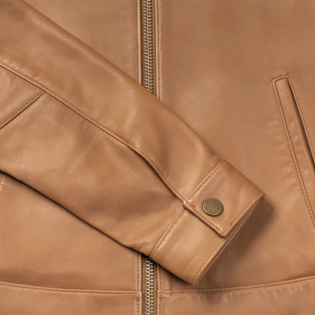 Women's Brown Leather Racer Jacket with Banded Collar