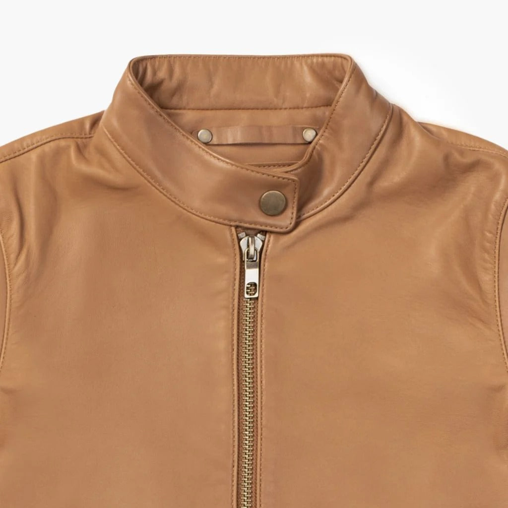 Women's Brown Leather Racer Jacket with Banded Collar