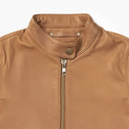 Women's Brown Leather Racer Jacket with Banded Collar