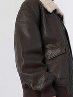 Women's Brown Oversized Leather Bomber Jacket with Faux Shearling Collar