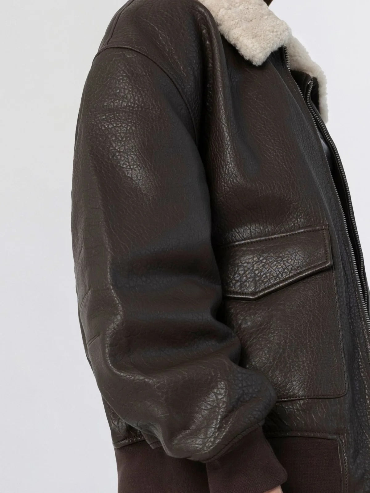 Women's Brown Oversized Leather Bomber Jacket with Faux Shearling Collar