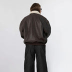 Women's Brown Oversized Leather Bomber Jacket with Faux Shearling Collar