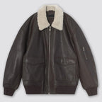 Women's Brown Oversized Leather Bomber Jacket with Faux Shearling Collar
