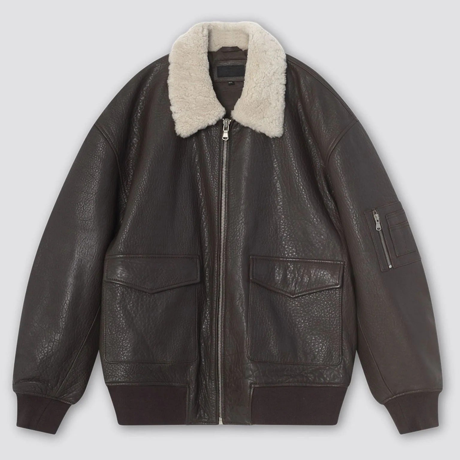 Women's Brown Oversized Leather Bomber Jacket with Faux Shearling Collar